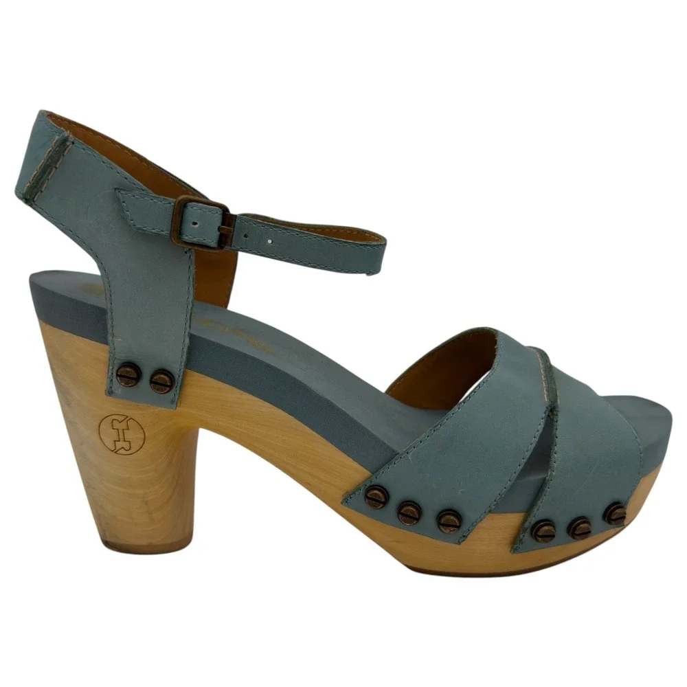Flogg Wooden Platform Sandals‎ Teal Leather Studded Heels Women's 7.5